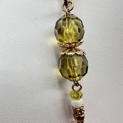 Necklace Vintage Gold Tone Beaded Statement Lime Green Olive Glass Faceted - Thumbnail 4