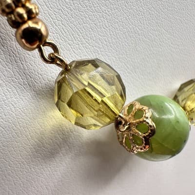 Necklace Vintage Gold Tone Beaded Statement Lime Green Olive Glass Faceted - Thumbnail 7