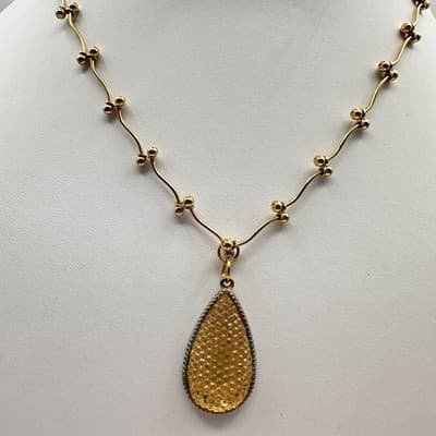 Vintage Y2K Yellow Crystal Teardrop Pendant Necklace Gold Tone Statement Jewelry - Thumbnail 2