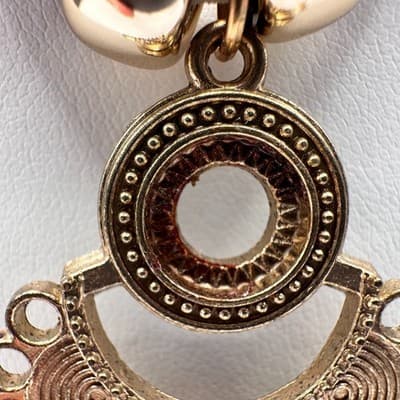 Vintage 90s Boho Statement Necklace Gold Tone Pendant Red Beaded Cream Cord - Thumbnail 5