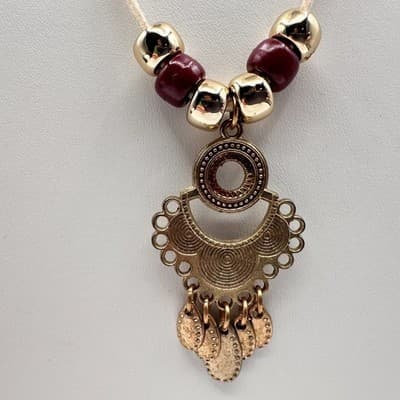 Vintage 90s Boho Statement Necklace Gold Tone Pendant Red Beaded Cream Cord - Thumbnail 2