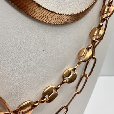 Necklace Gold Tone Multi Strand Layered Herringbone Paperclip Coffee Bean Chain - Thumbnail 6