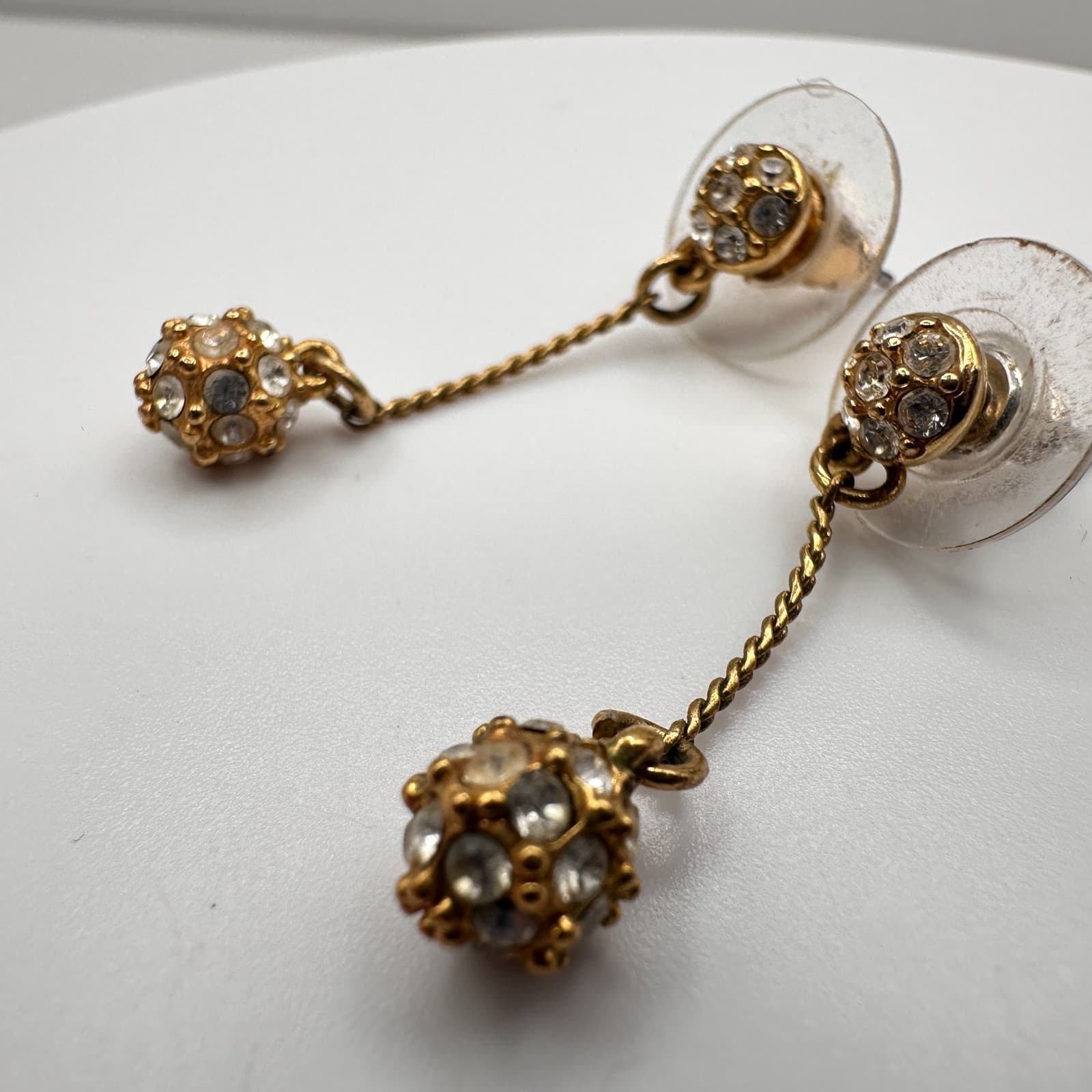 Vintage Y2K Gold Tone Pave Disco Ball Dangle Earrings Clear Crystal Rhinestone - Thumbnail 2