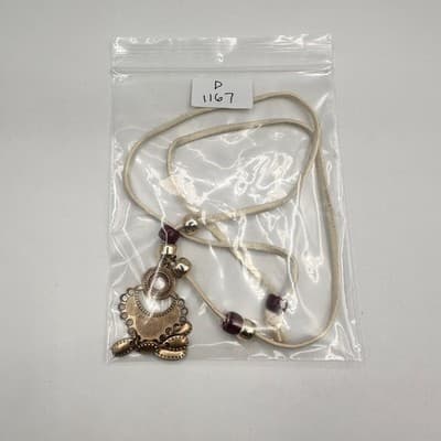 Vintage 90s Boho Statement Necklace Gold Tone Pendant Red Beaded Cream Cord - Thumbnail 12