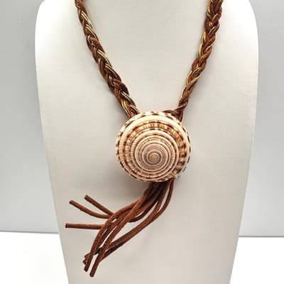 Vintage 90s Spiral Sea Shell Necklace Braided Suede Leather Tassels Gold Tone - Image 1