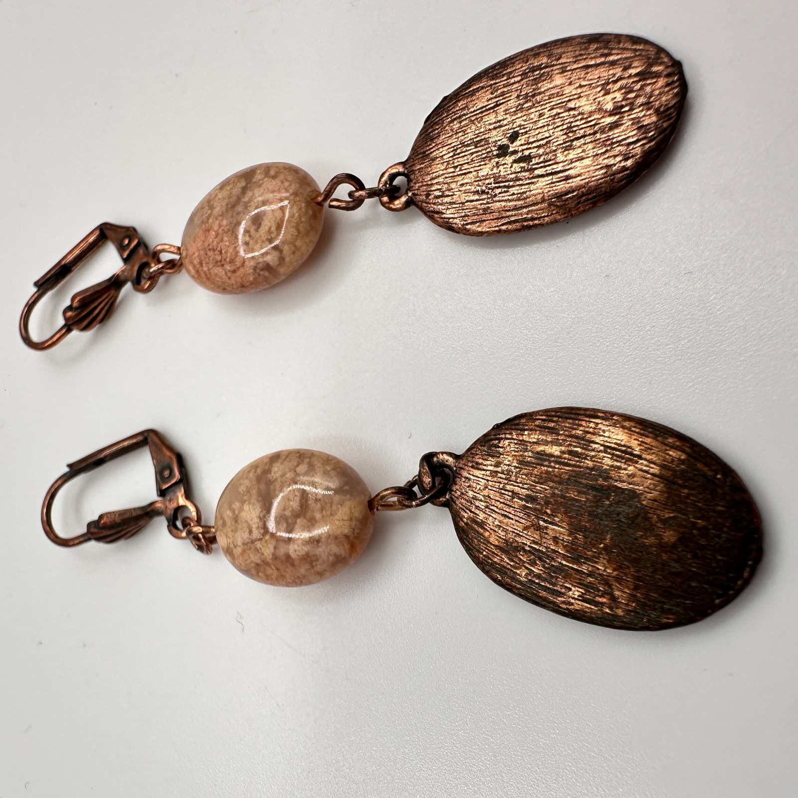 Vintage 90s Copper Tone Oval Drops Earrings Natural Stone Women's Jewelry - Thumbnail 8