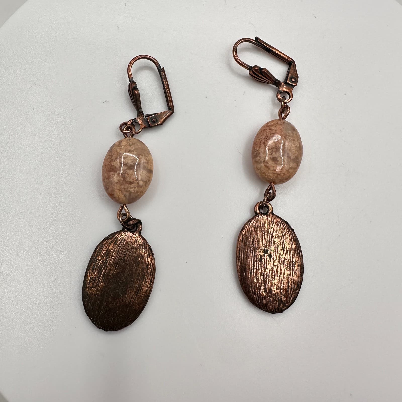 Vintage 90s Copper Tone Oval Drops Earrings Natural Stone Women's Jewelry - Thumbnail 2
