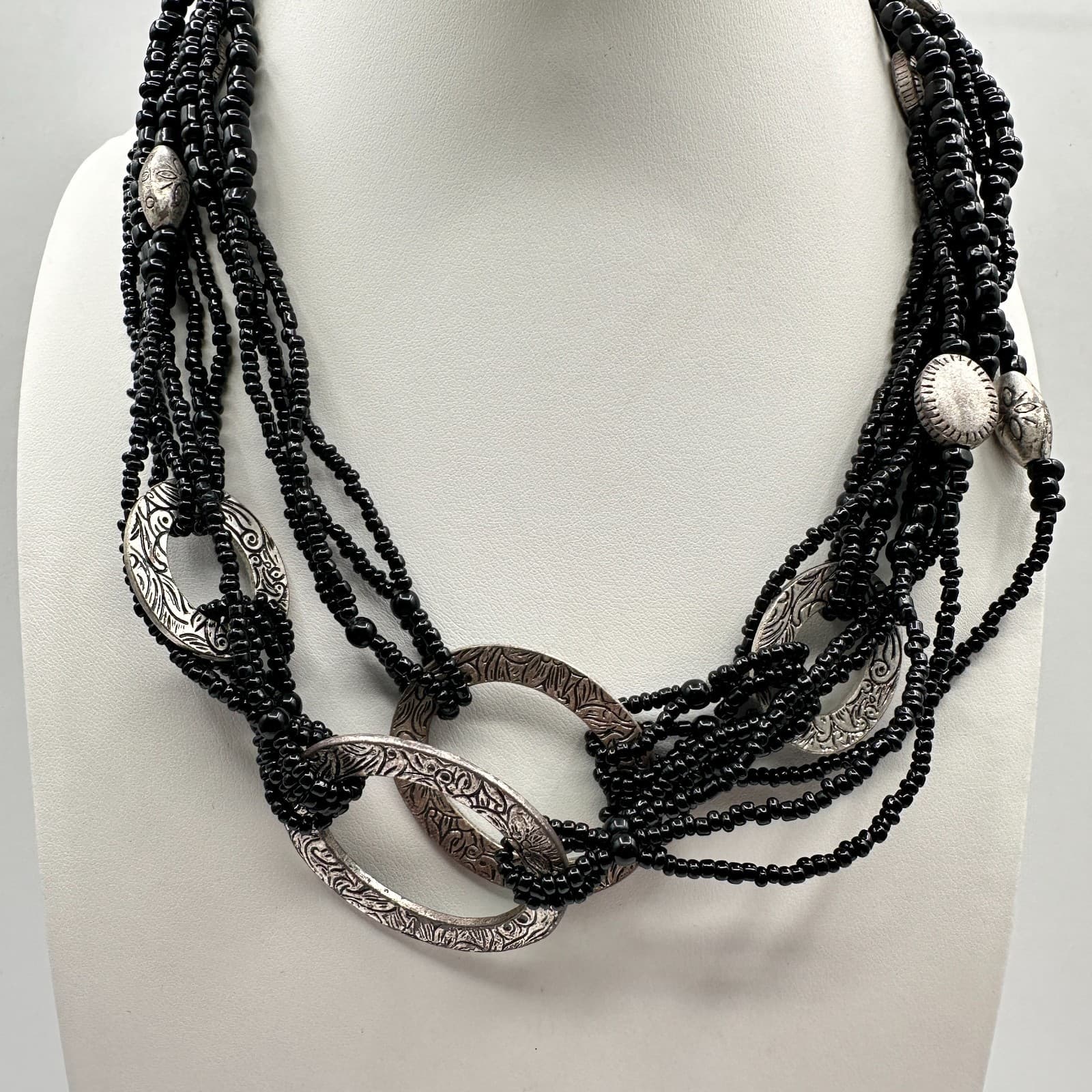 Vintage 80s Silvana Multi-Strand Black Bead & Silver Necklace Jewelry - Image 1