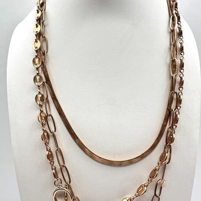 Necklace Gold Tone Multi Strand Layered Herringbone Paperclip Coffee Bean Chain - Thumbnail 2