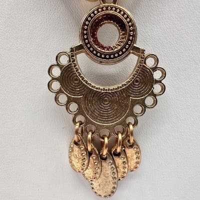 Vintage 90s Boho Statement Necklace Gold Tone Pendant Red Beaded Cream Cord - Thumbnail 3