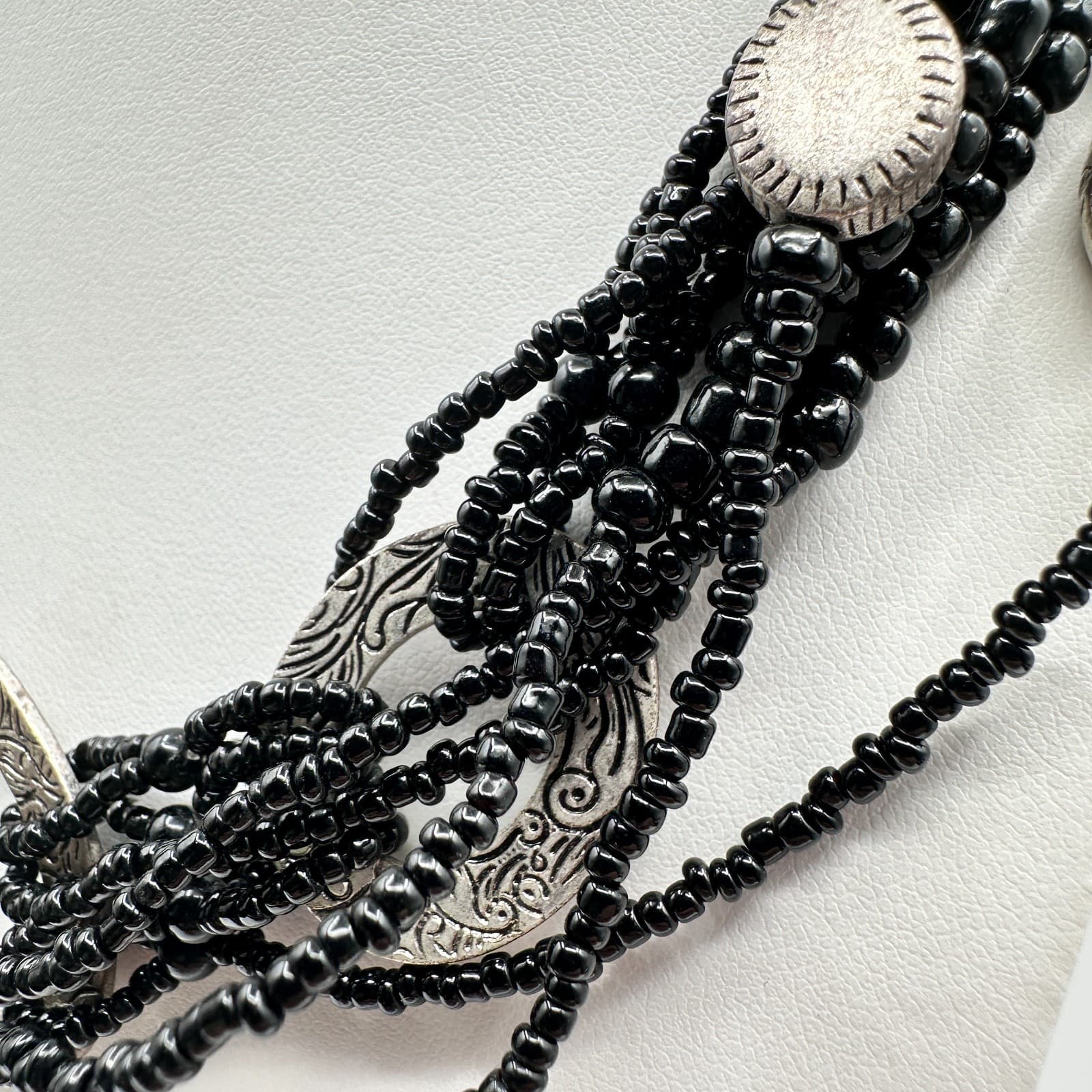 Vintage 80s Silvana Multi-Strand Black Bead & Silver Necklace Jewelry - Thumbnail 7
