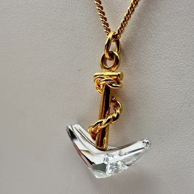 Vintage 90s Crystal Anchor Pendant Necklace Gold Tone Women's Classic Jewelry - Thumbnail 5