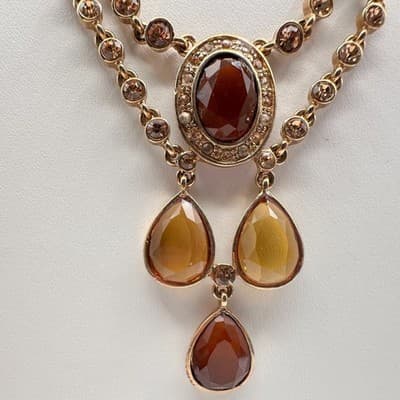 Vintage Y2K Amber Rhinestone Teardrop Bib Necklace Gold Tone Statement Jewelry - Thumbnail 3