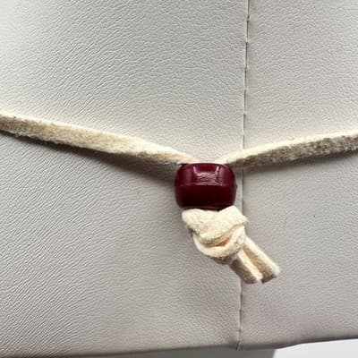 Vintage 90s Boho Statement Necklace Gold Tone Pendant Red Beaded Cream Cord - Thumbnail 10