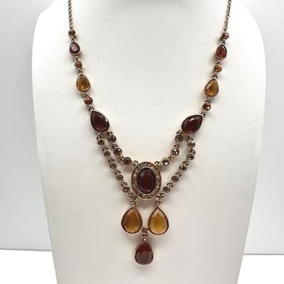 Vintage Y2K Amber Rhinestone Teardrop Bib Necklace Gold Tone Statement Jewelry - Thumbnail 2