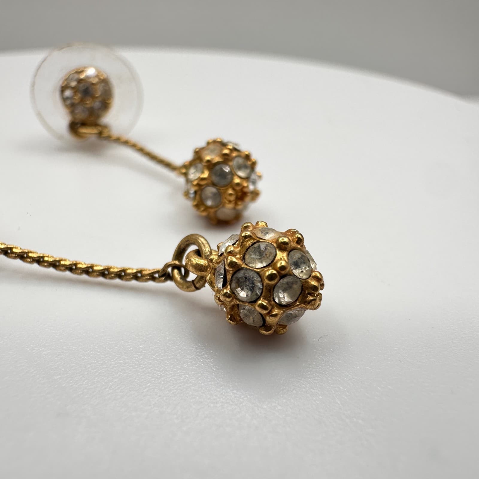 Vintage Y2K Gold Tone Pave Disco Ball Dangle Earrings Clear Crystal Rhinestone - Thumbnail 4