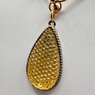 Vintage Y2K Yellow Crystal Teardrop Pendant Necklace Gold Tone Statement Jewelry - Thumbnail 6