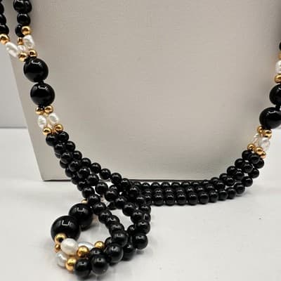 Necklace Vintage Black Beaded Faux Pearl Gold Tone Multi Strand Statement 30" - Thumbnail 3