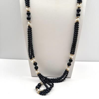 Necklace Vintage Black Beaded Faux Pearl Gold Tone Multi Strand Statement 30" - Image 1