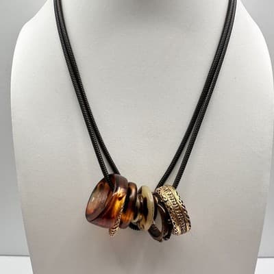 Vintage 90s Black Cord Necklace Tortoise Shell Resin & Gold Tone Ring Charms - Thumbnail 2