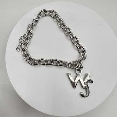 Vintage Y2K Silver Tone Initial WS Charm Bracelet Chunky Link Chain Rhinestone - Thumbnail 2