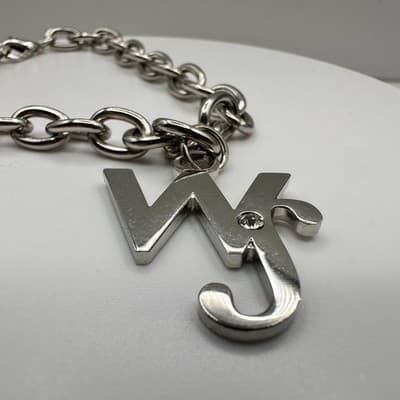Vintage Y2K Silver Tone Initial WS Charm Bracelet Chunky Link Chain Rhinestone - Thumbnail 3