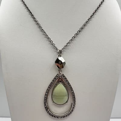 Vintage 80 Silver Tone Teardrop Necklace Light Green Stone Frame Jewelry - Thumbnail 2