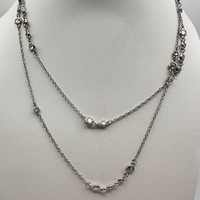 Necklace Silver Tone Double Strand Clear Rhinestone Bezel Set Statement Chain - Thumbnail 7