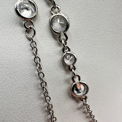 Necklace Silver Tone Double Strand Clear Rhinestone Bezel Set Statement Chain - Thumbnail 6