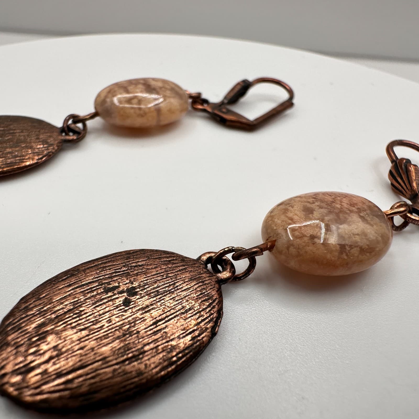 Vintage 90s Copper Tone Oval Drops Earrings Natural Stone Women's Jewelry - Thumbnail 5