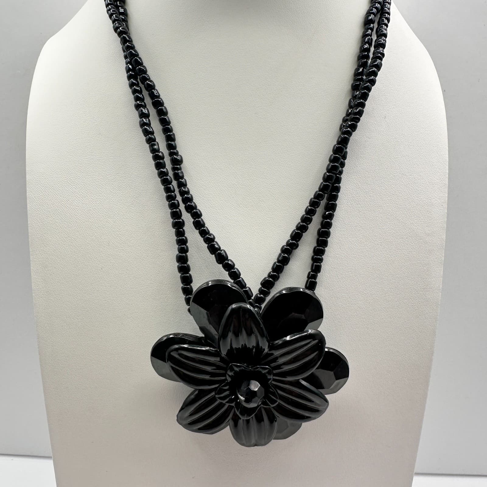 Vintage Y2K Black Beaded Necklace Floral Pendant Statement Retro Boho Jewelry - Image 1