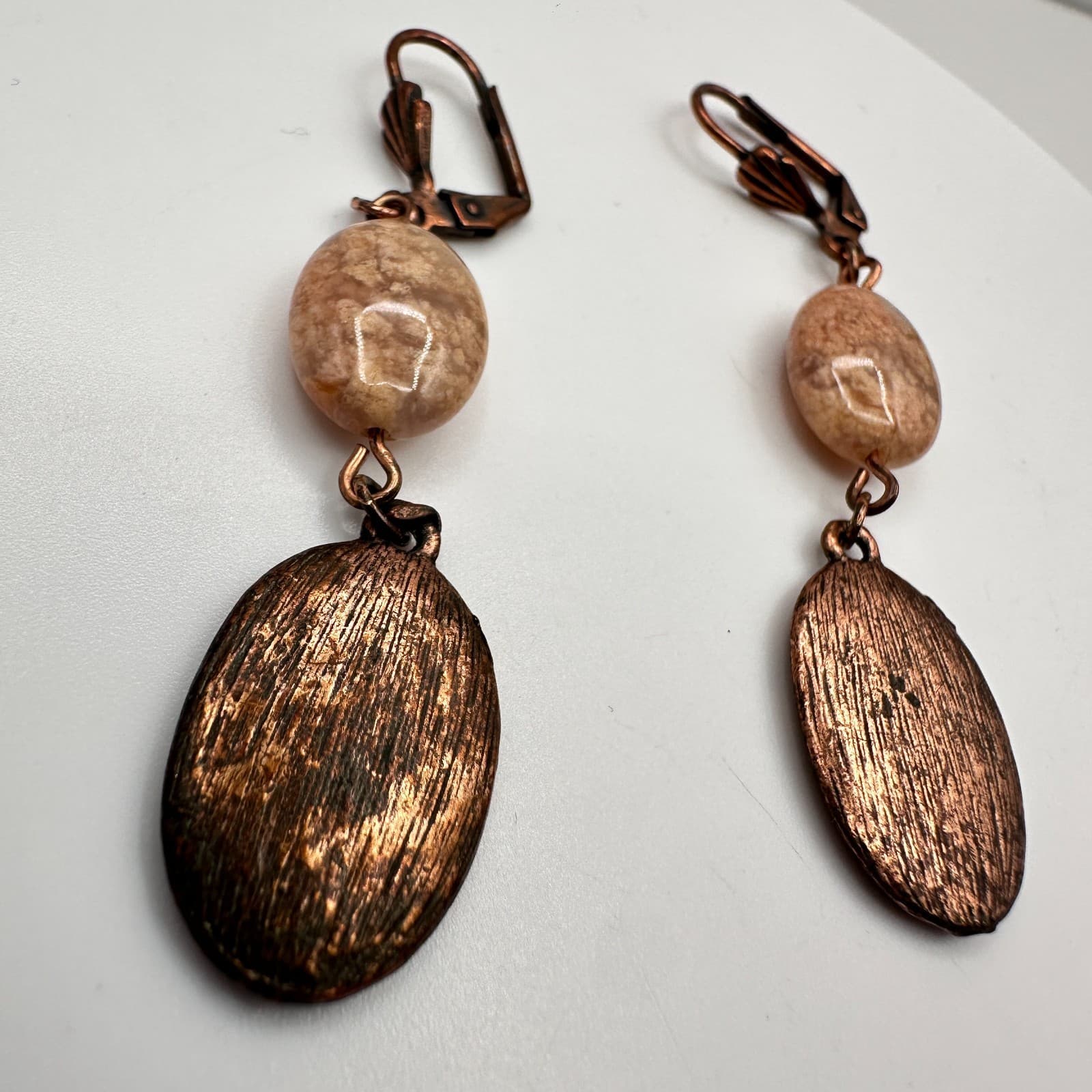 Vintage 90s Copper Tone Oval Drops Earrings Natural Stone Women's Jewelry - Image 1