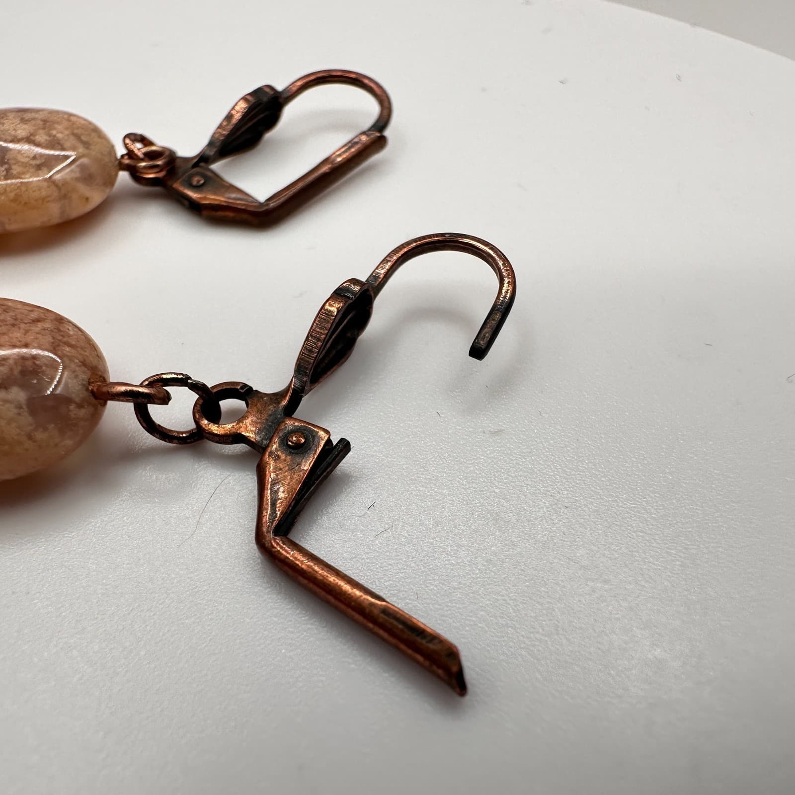 Vintage 90s Copper Tone Oval Drops Earrings Natural Stone Women's Jewelry - Thumbnail 6