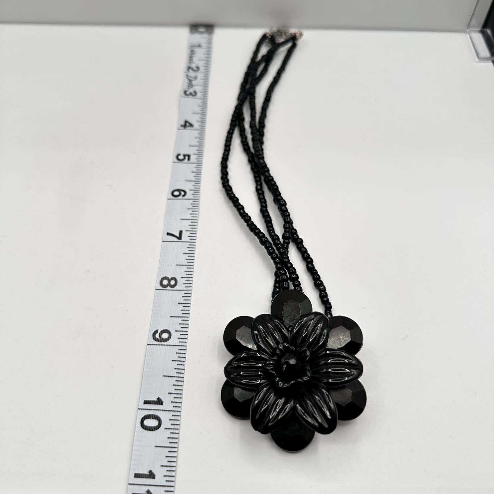 Vintage Y2K Black Beaded Necklace Floral Pendant Statement Retro Boho Jewelry - Thumbnail 9