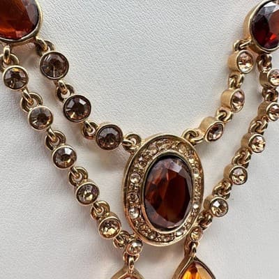 Vintage Y2K Amber Rhinestone Teardrop Bib Necklace Gold Tone Statement Jewelry - Thumbnail 6