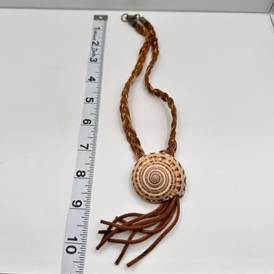 Vintage 90s Spiral Sea Shell Necklace Braided Suede Leather Tassels Gold Tone - Thumbnail 8