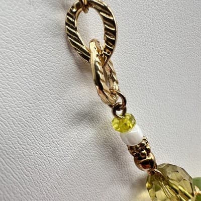 Necklace Vintage Gold Tone Beaded Statement Lime Green Olive Glass Faceted - Thumbnail 6
