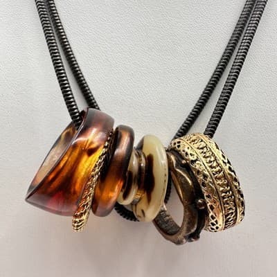 Vintage 90s Black Cord Necklace Tortoise Shell Resin & Gold Tone Ring Charms - Thumbnail 9