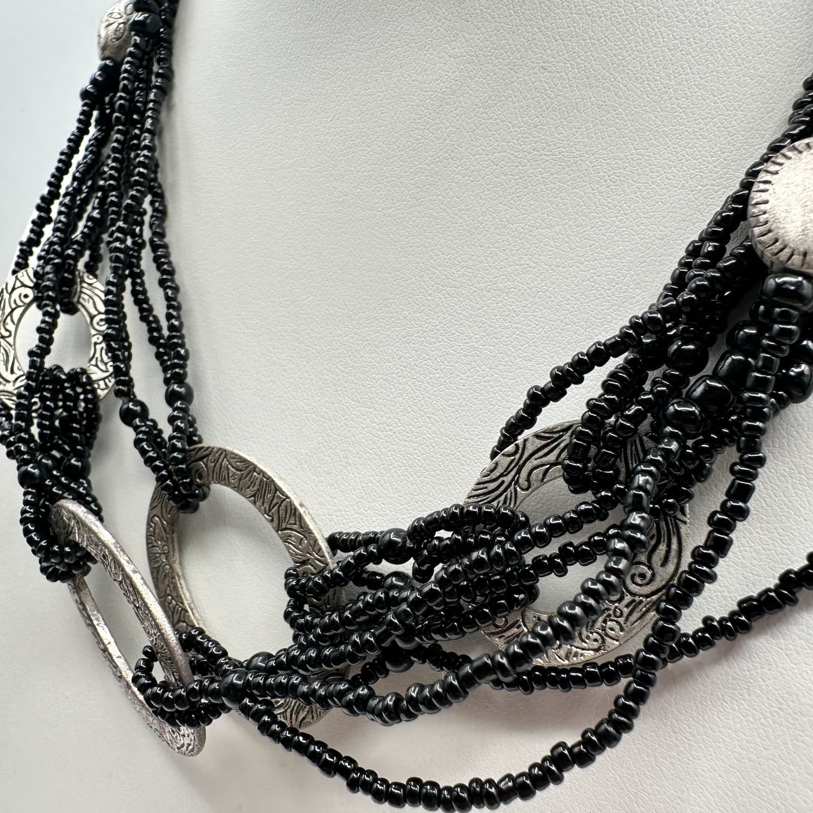 Vintage 80s Silvana Multi-Strand Black Bead & Silver Necklace Jewelry - Thumbnail 6