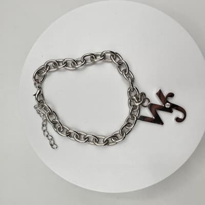 Vintage Y2K Silver Tone Initial WS Charm Bracelet Chunky Link Chain Rhinestone - Thumbnail 6