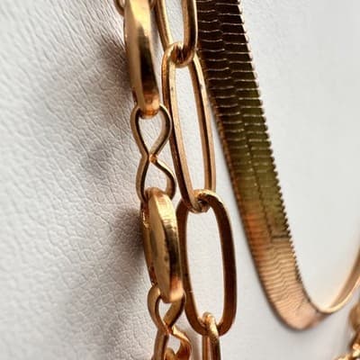 Necklace Gold Tone Multi Strand Layered Herringbone Paperclip Coffee Bean Chain - Thumbnail 4