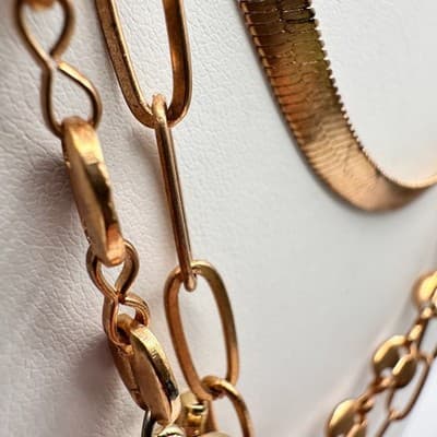 Necklace Gold Tone Multi Strand Layered Herringbone Paperclip Coffee Bean Chain - Thumbnail 5