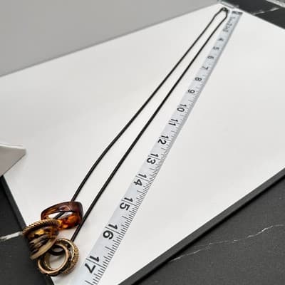 Vintage 90s Black Cord Necklace Tortoise Shell Resin & Gold Tone Ring Charms - Thumbnail 11