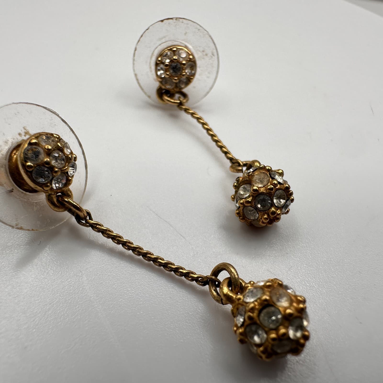 Vintage Y2K Gold Tone Pave Disco Ball Dangle Earrings Clear Crystal Rhinestone - Thumbnail 6