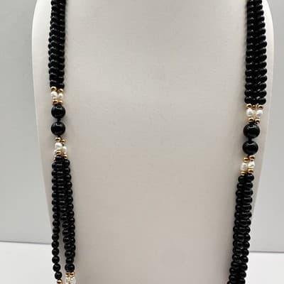 Necklace Vintage Black Beaded Faux Pearl Gold Tone Multi Strand Statement 30" - Thumbnail 2