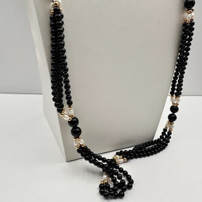 Necklace Vintage Black Beaded Faux Pearl Gold Tone Multi Strand Statement 30" - Thumbnail 5