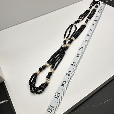 Necklace Vintage Black Beaded Faux Pearl Gold Tone Multi Strand Statement 30" - Thumbnail 6