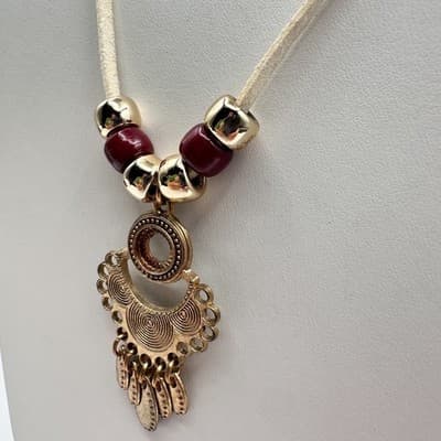 Vintage 90s Boho Statement Necklace Gold Tone Pendant Red Beaded Cream Cord - Thumbnail 8