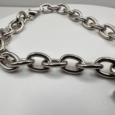 Vintage Y2K Silver Tone Initial WS Charm Bracelet Chunky Link Chain Rhinestone - Thumbnail 4