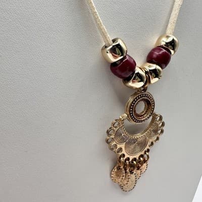 Vintage 90s Boho Statement Necklace Gold Tone Pendant Red Beaded Cream Cord - Thumbnail 7